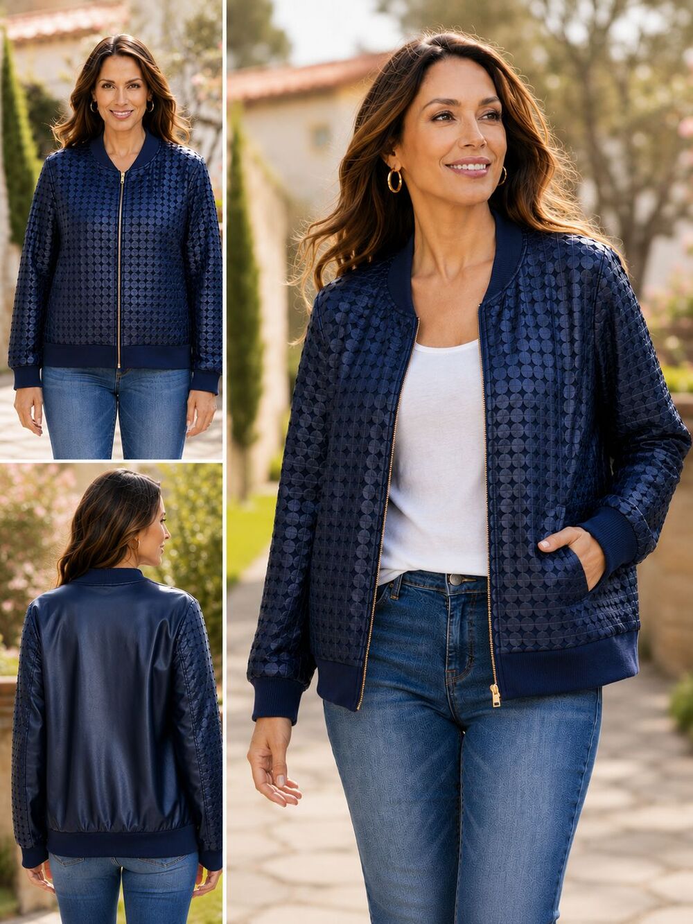 Colleen Lopez Navy Textured Bomber Jacket Women's L Gold Zip Lightweight